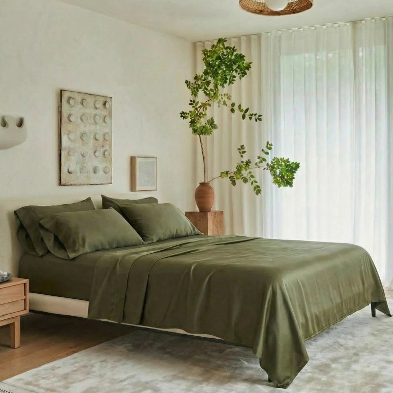  bed with dark moss green sheets