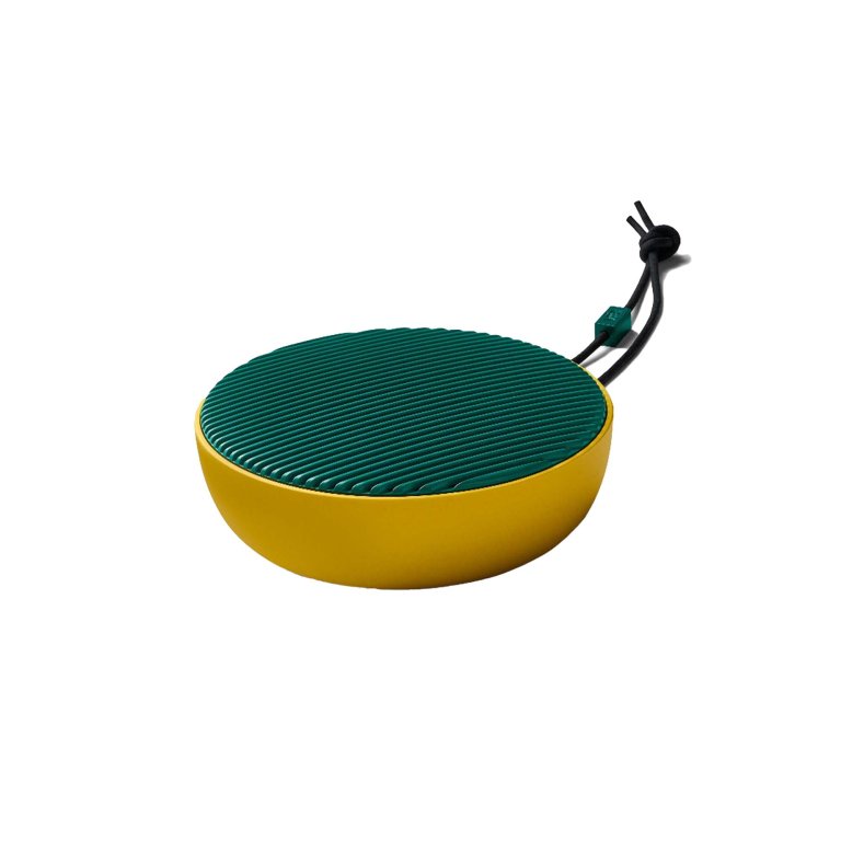 Yellow and green curved portable speaker