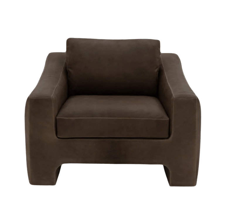 Dark brown leather club chair in modern style.