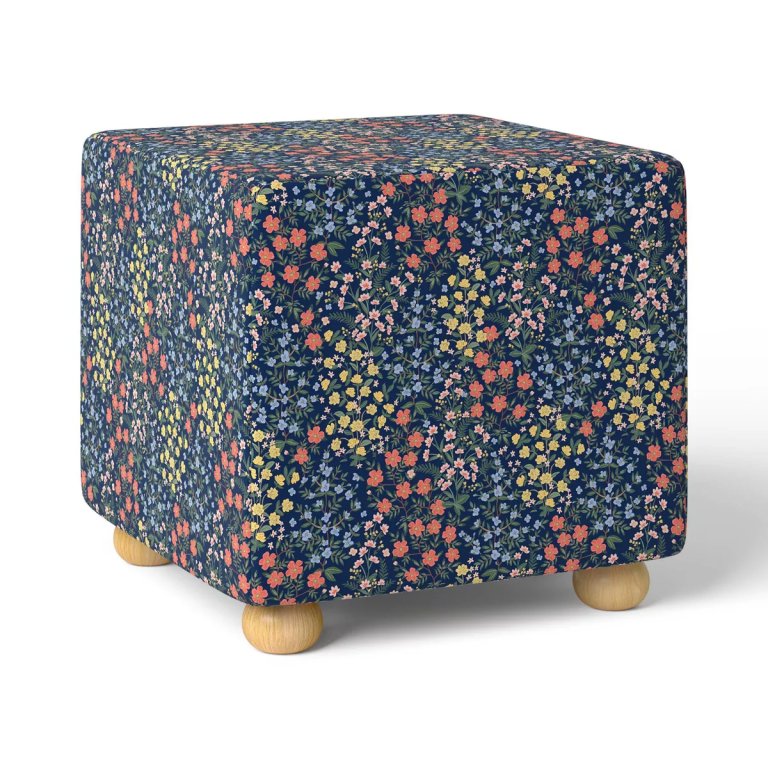  navy floral ottoman with round feet