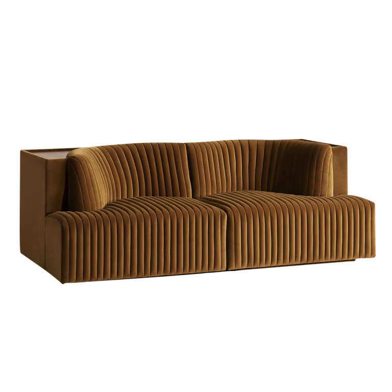  channel-tufted brown sofa with shelf