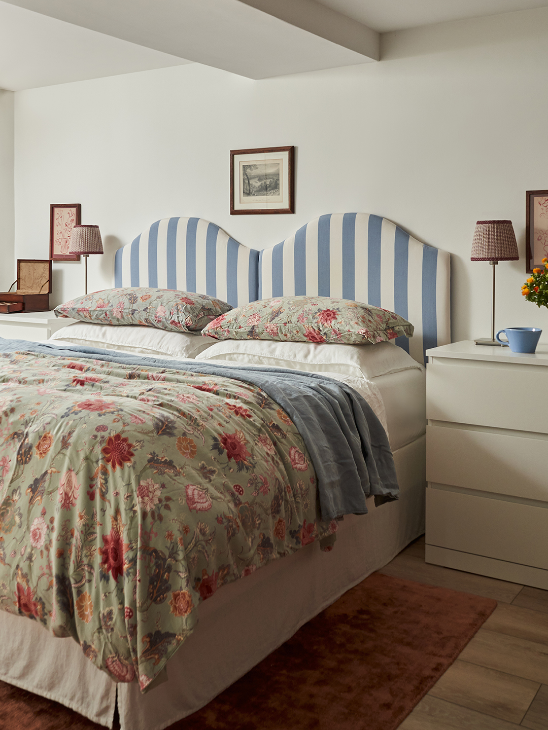 bed with striped headboard