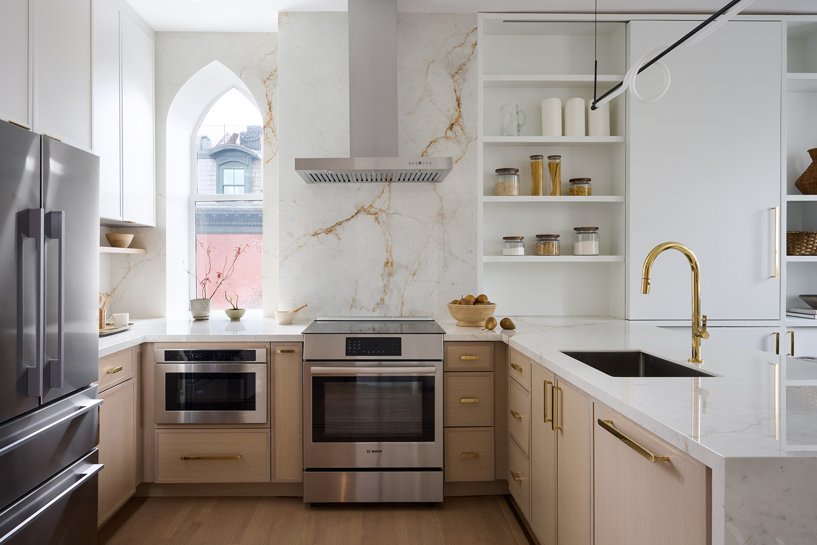 kitchen with marble backsplash
