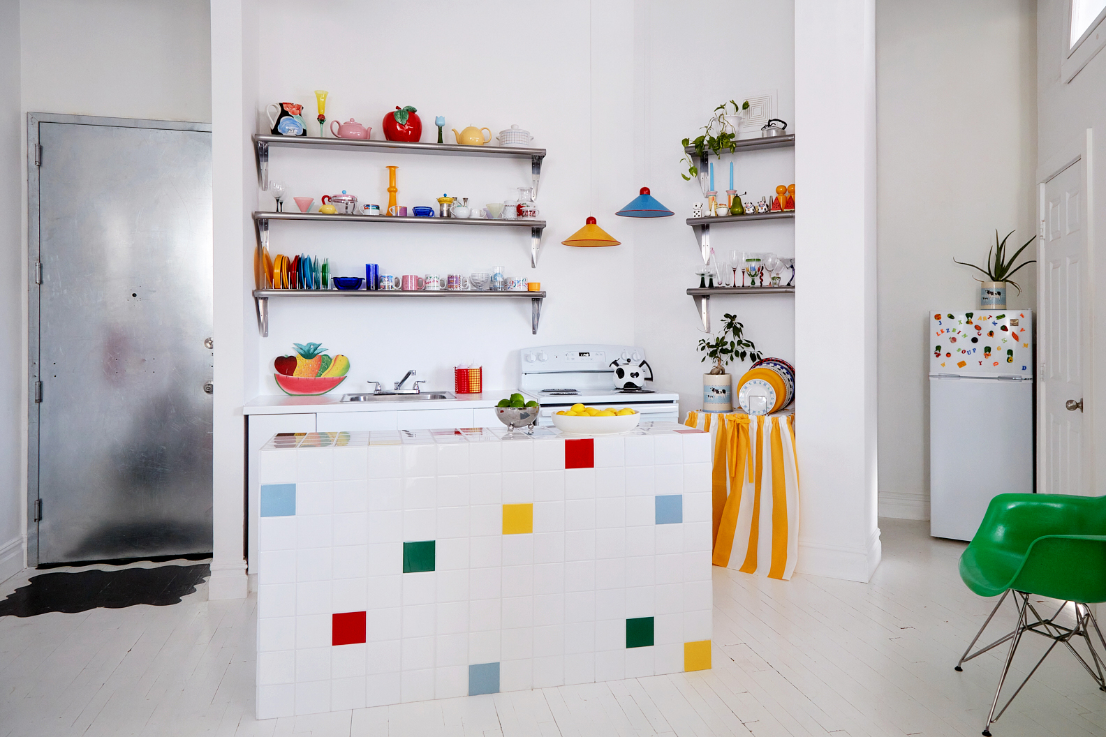 White kitchen with colorful accents