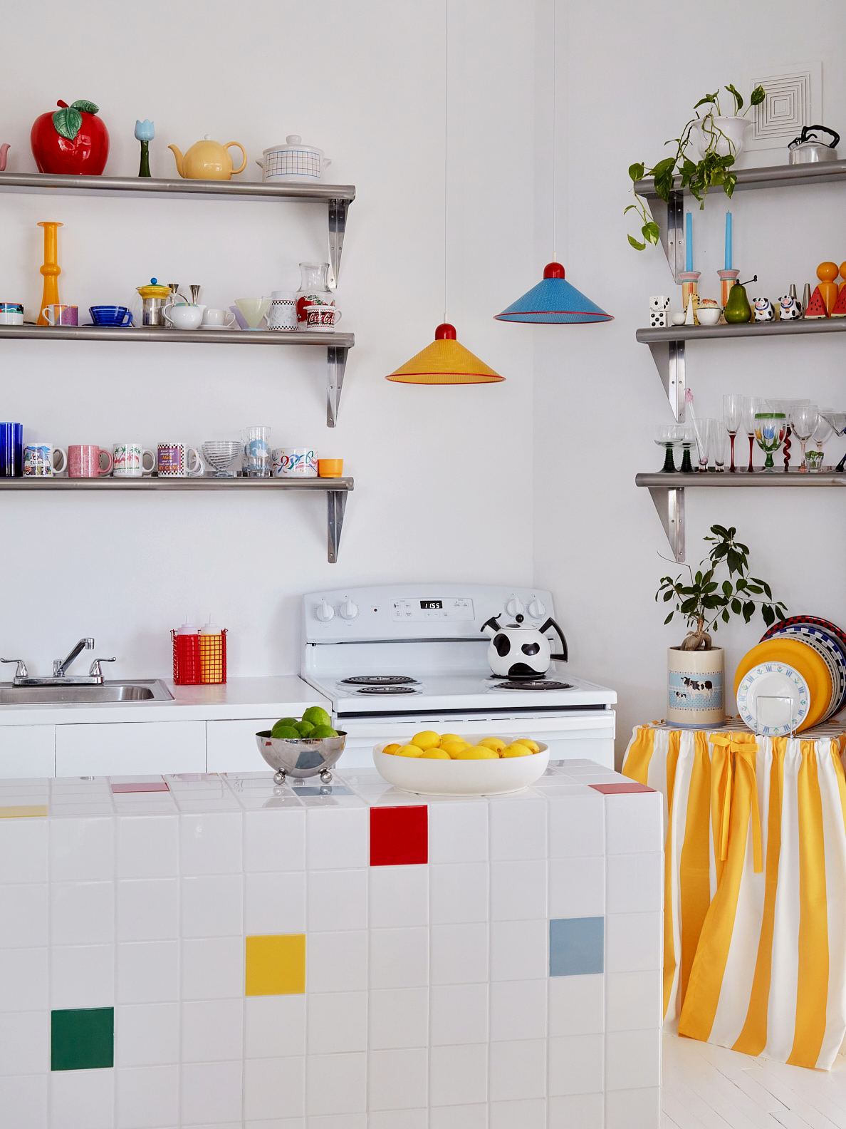 Whitewashed kitchen with colorful accents