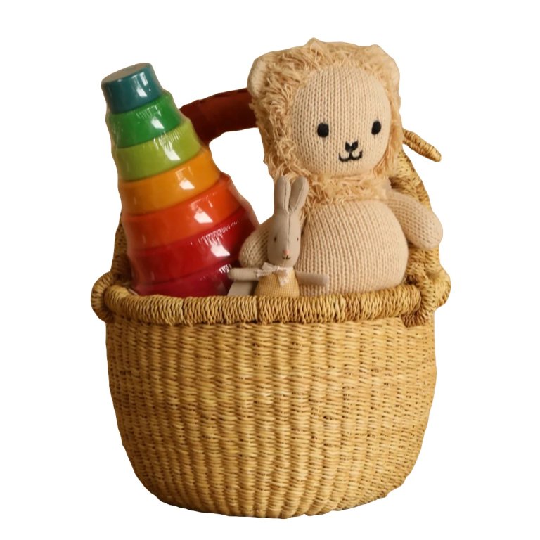  woven basket with lion toy and stack of blocks