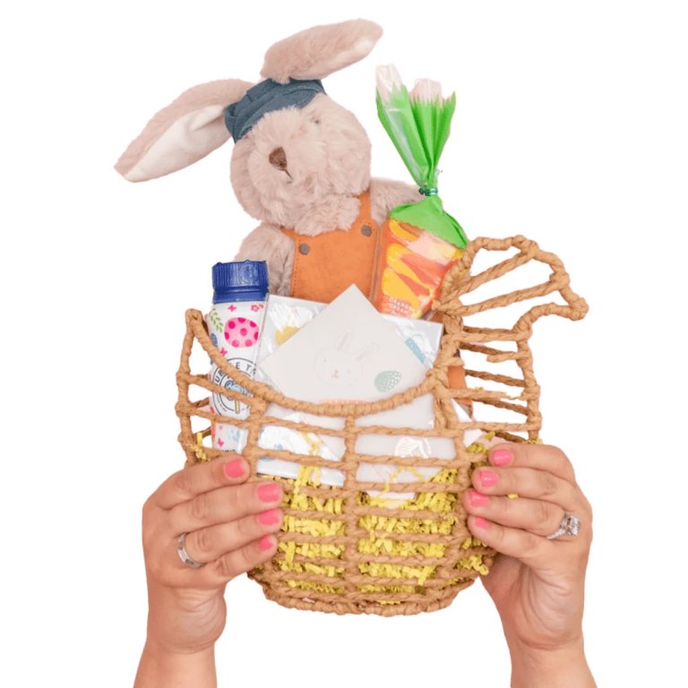  woven duck basket with stuffed animal and toys