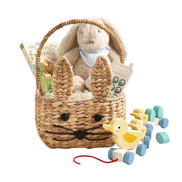  woven bunny basket with stuffed animal and toys
