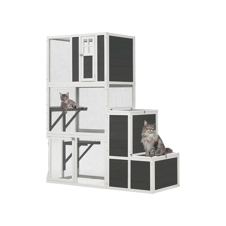  Product photo of a black wood and metal cat house.