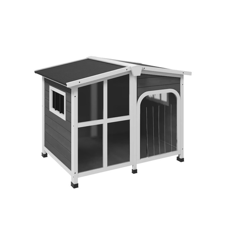  Product image of black wood dog house.