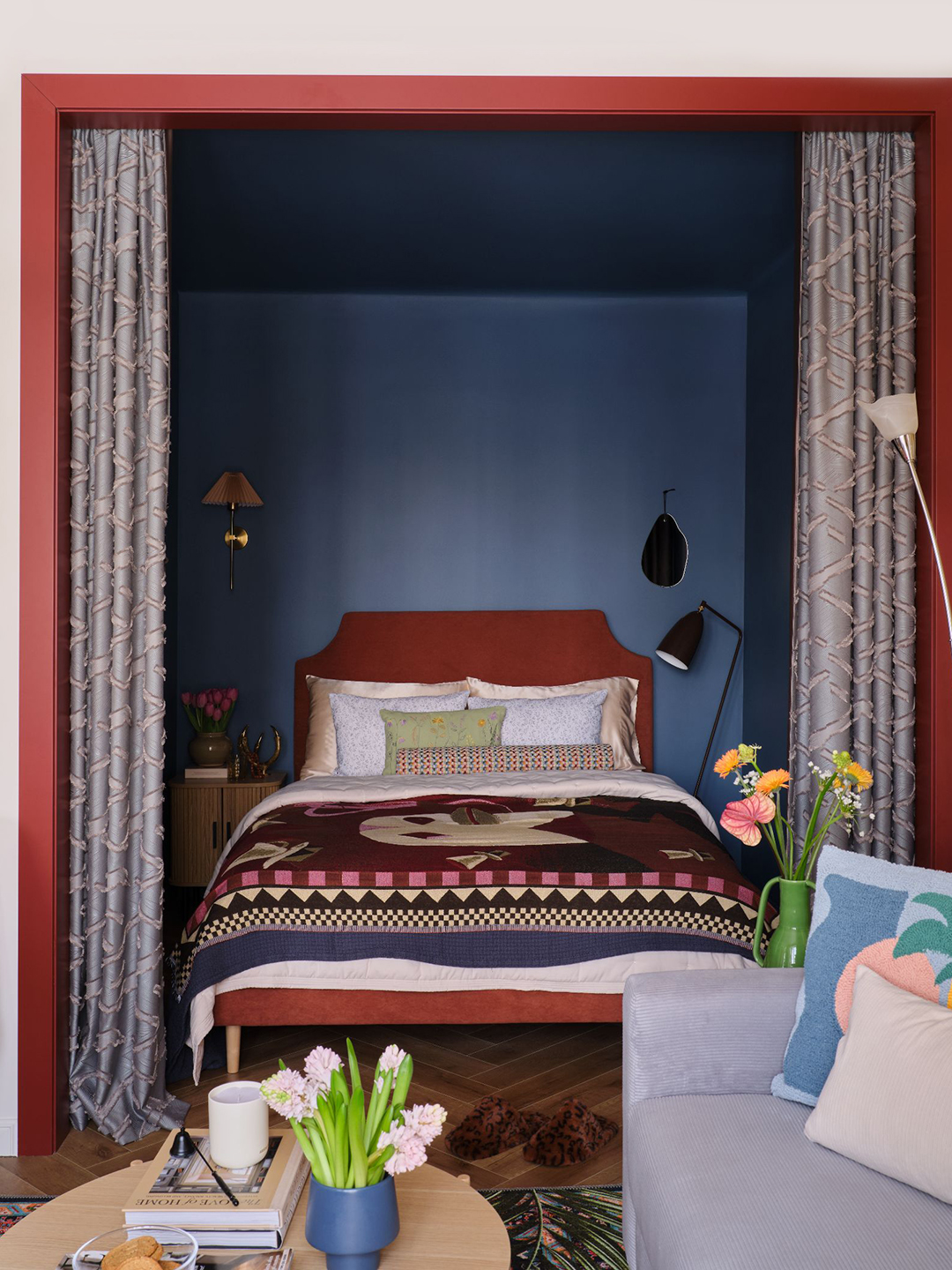 blue bedroom with red trim