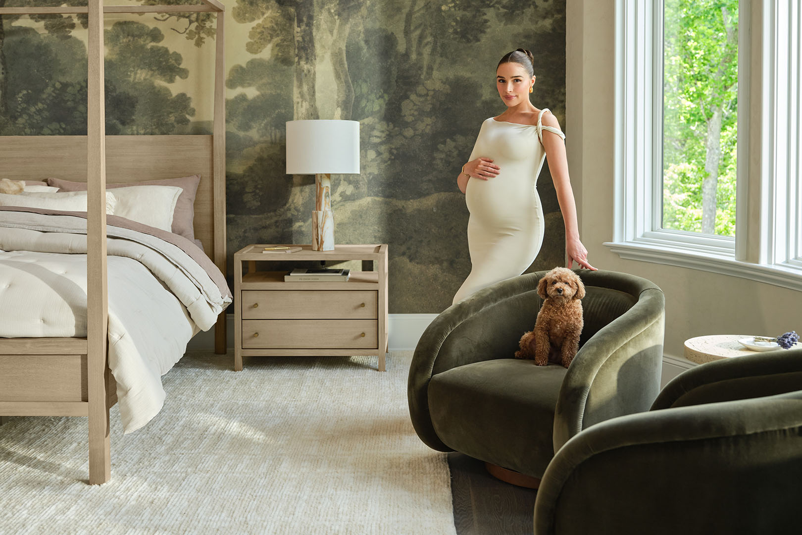 Olivia Culpo in her bedroom with her dog