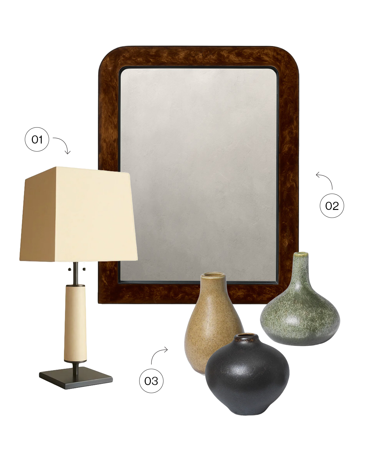 wood mirror and ceramic bud vases