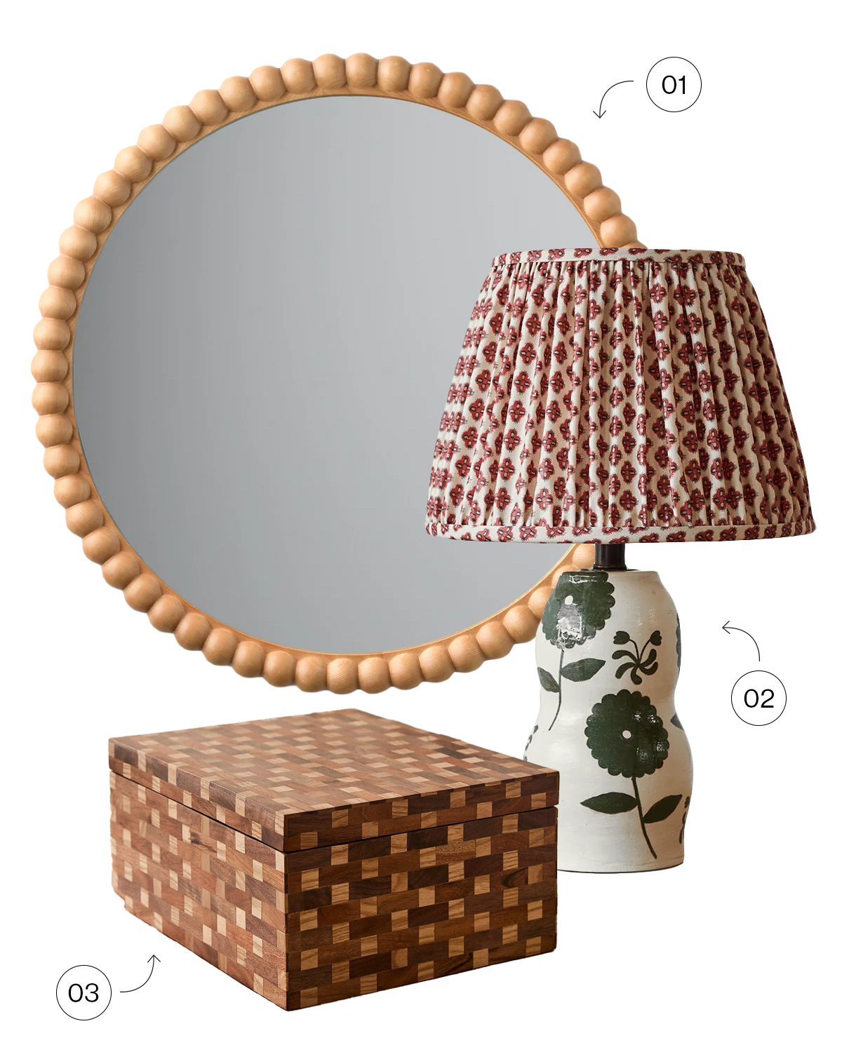 round mirror and floral lamp