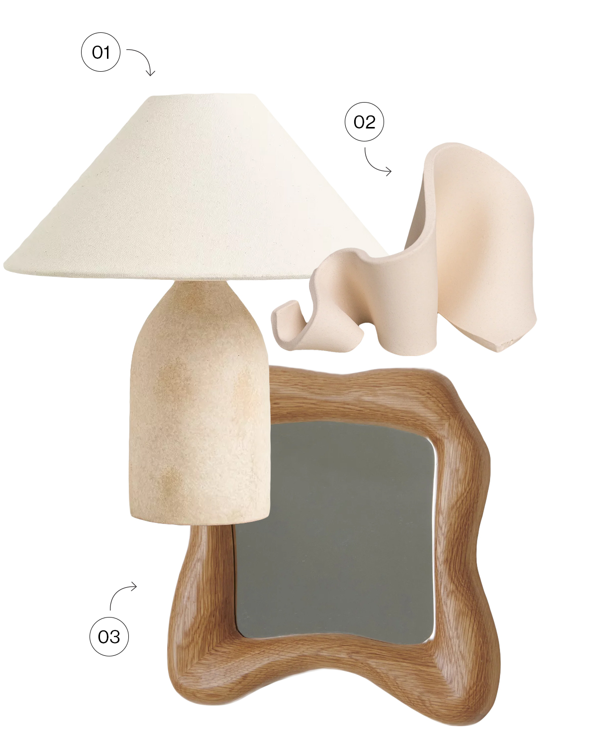 wood mirror and beige lamp