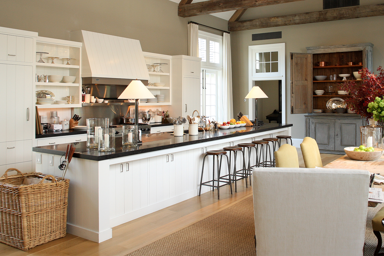 A view of the vaulted ceilings and china cabinet in the kitchen barn