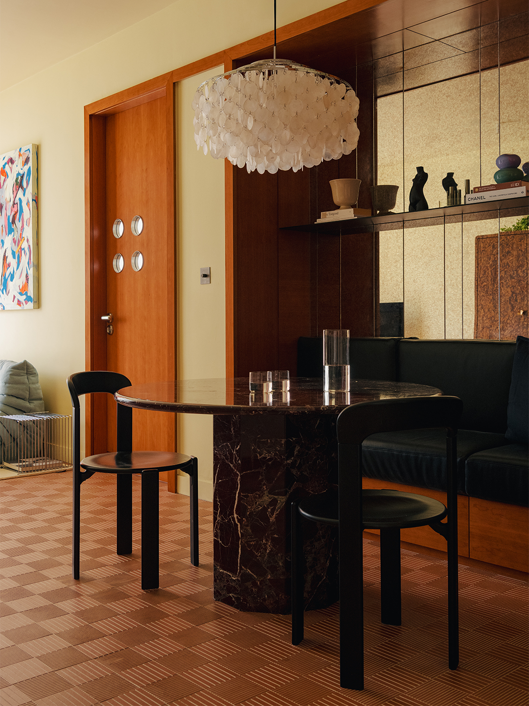 A dining nook with marble table 