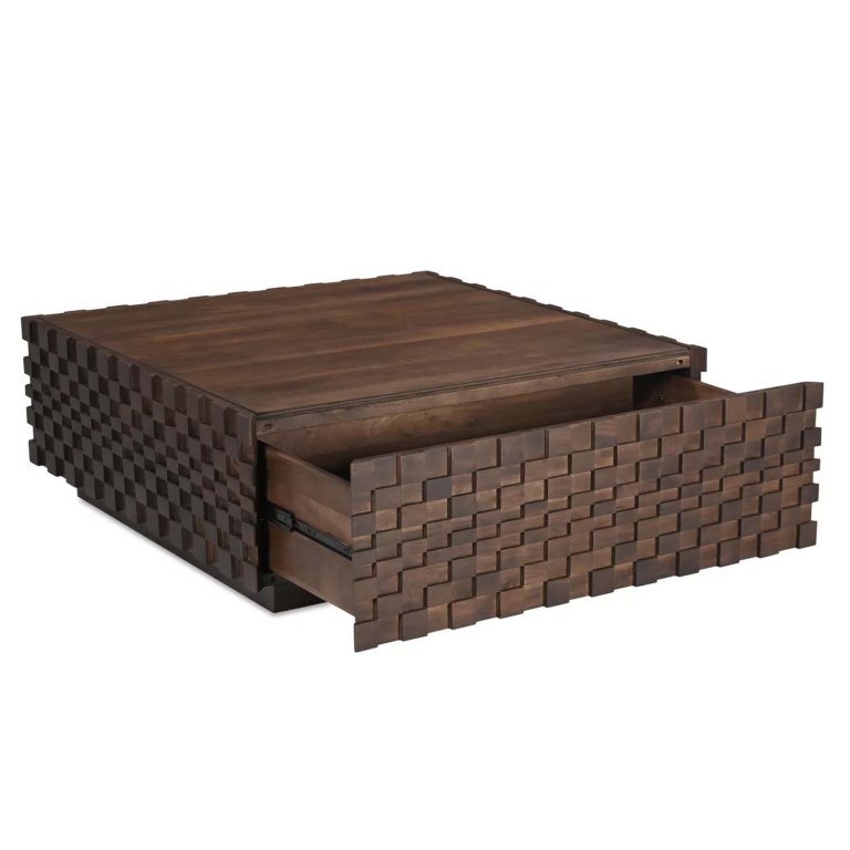 Textured acacia wood coffee table with drawer open