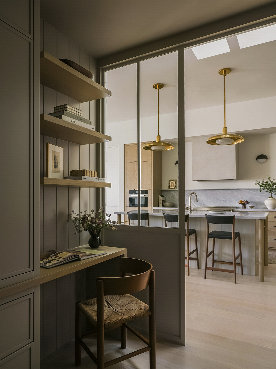 green office looking into kitchen