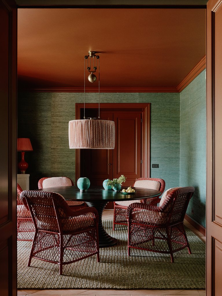Teal and rust room with dining table
