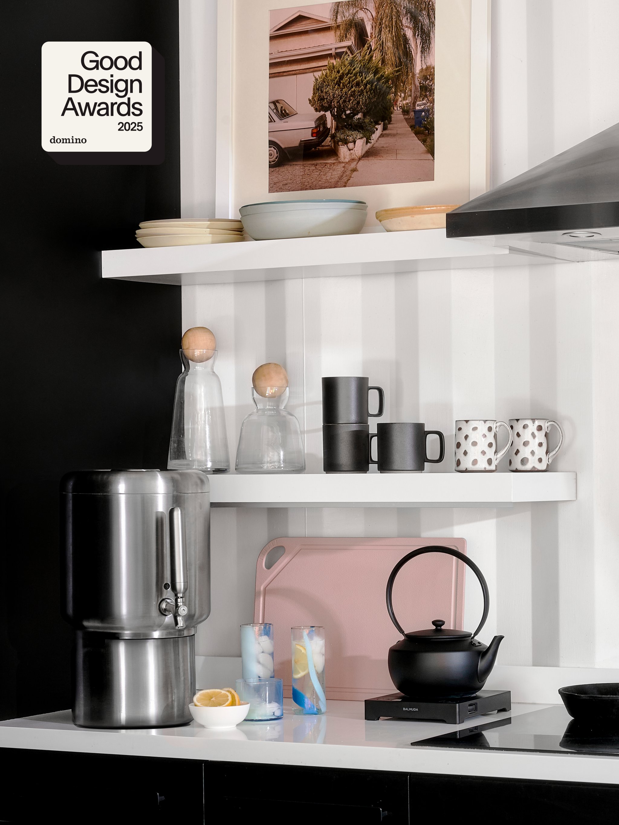 black and white kitchen with products on counter