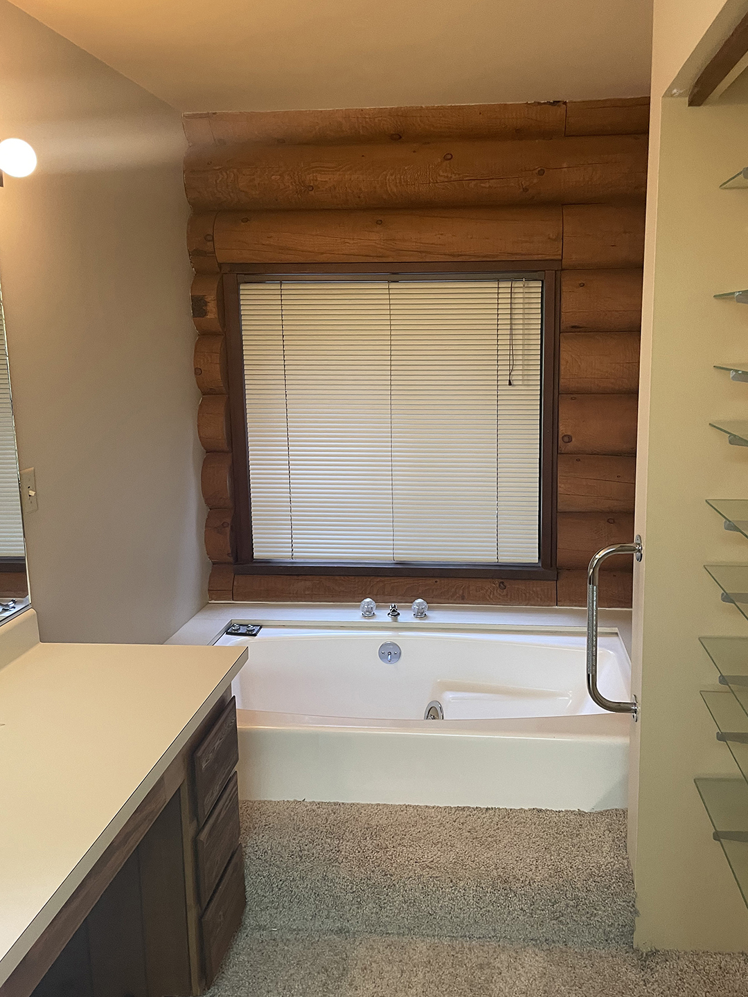 Carpeted bathroom with white fixtures