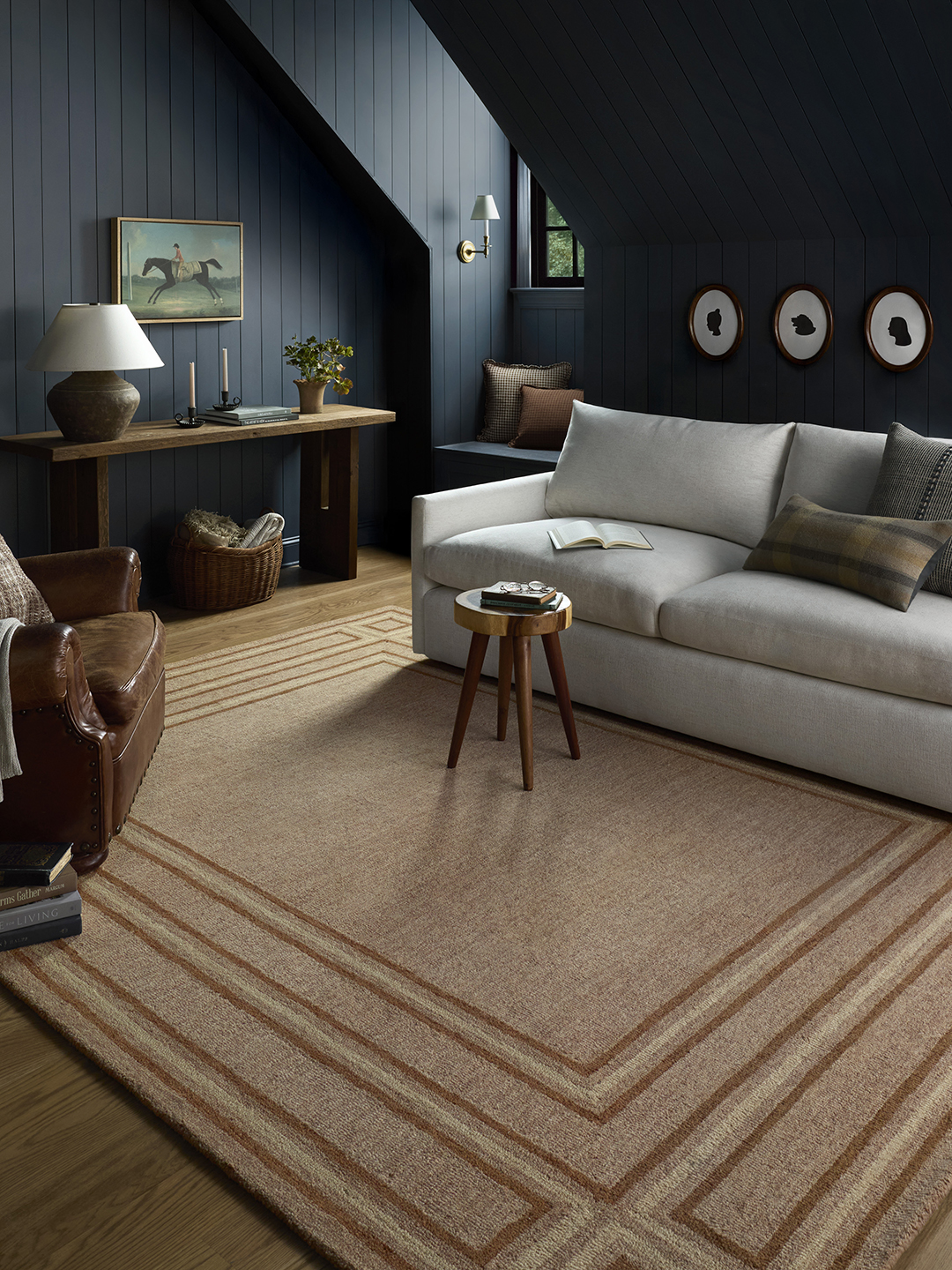 graphic rug in media room