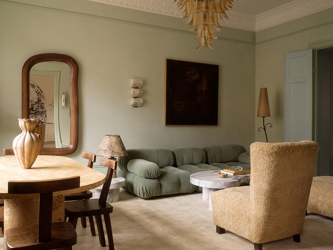 living room with sand colored rug