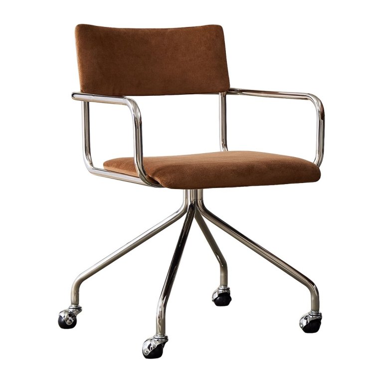  Chrome office chair with brown upholstered seat and back