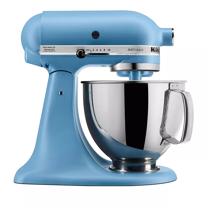  Blue KitchenAid stand mixer on white background.