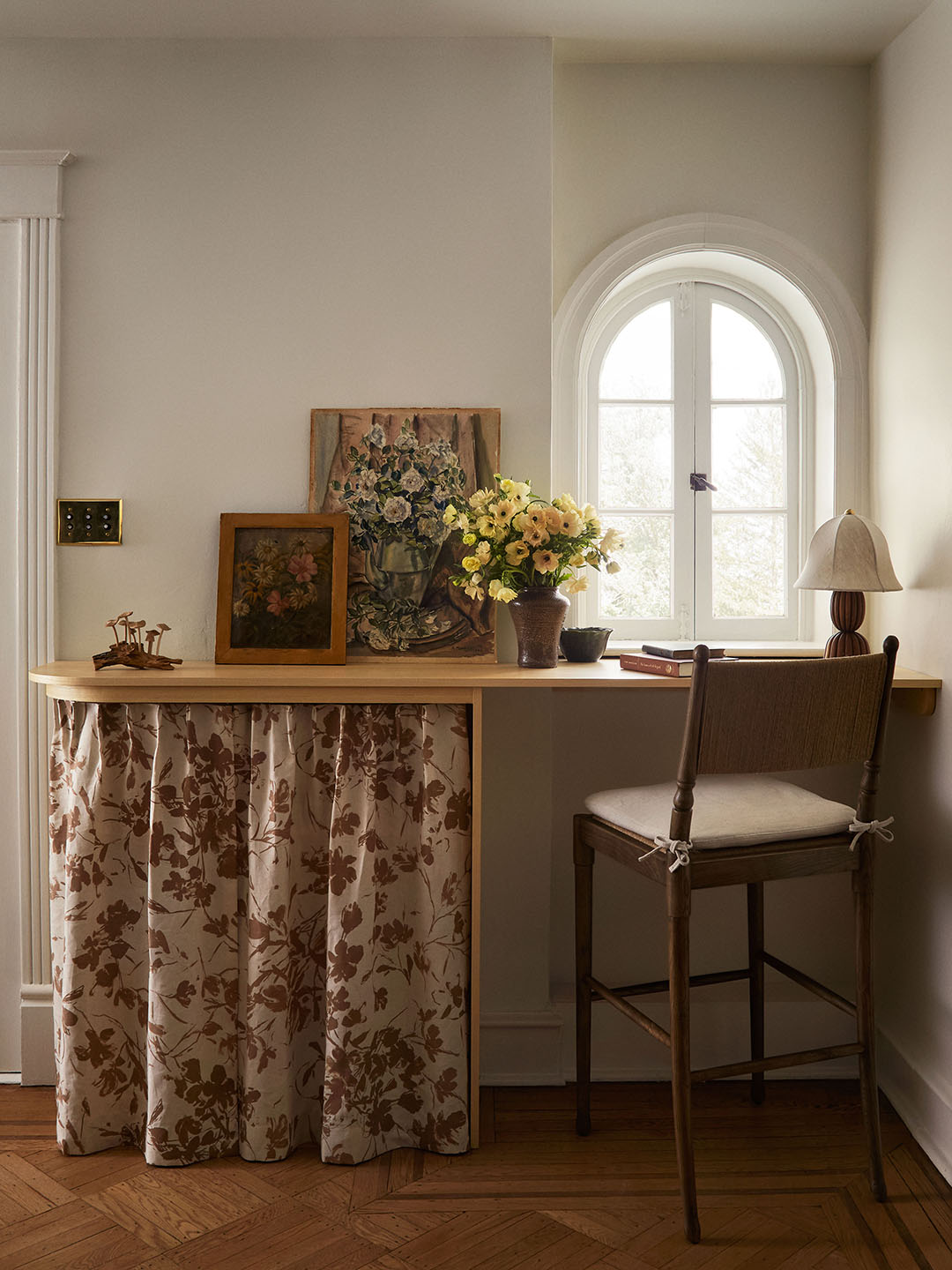 floral fabric around desk