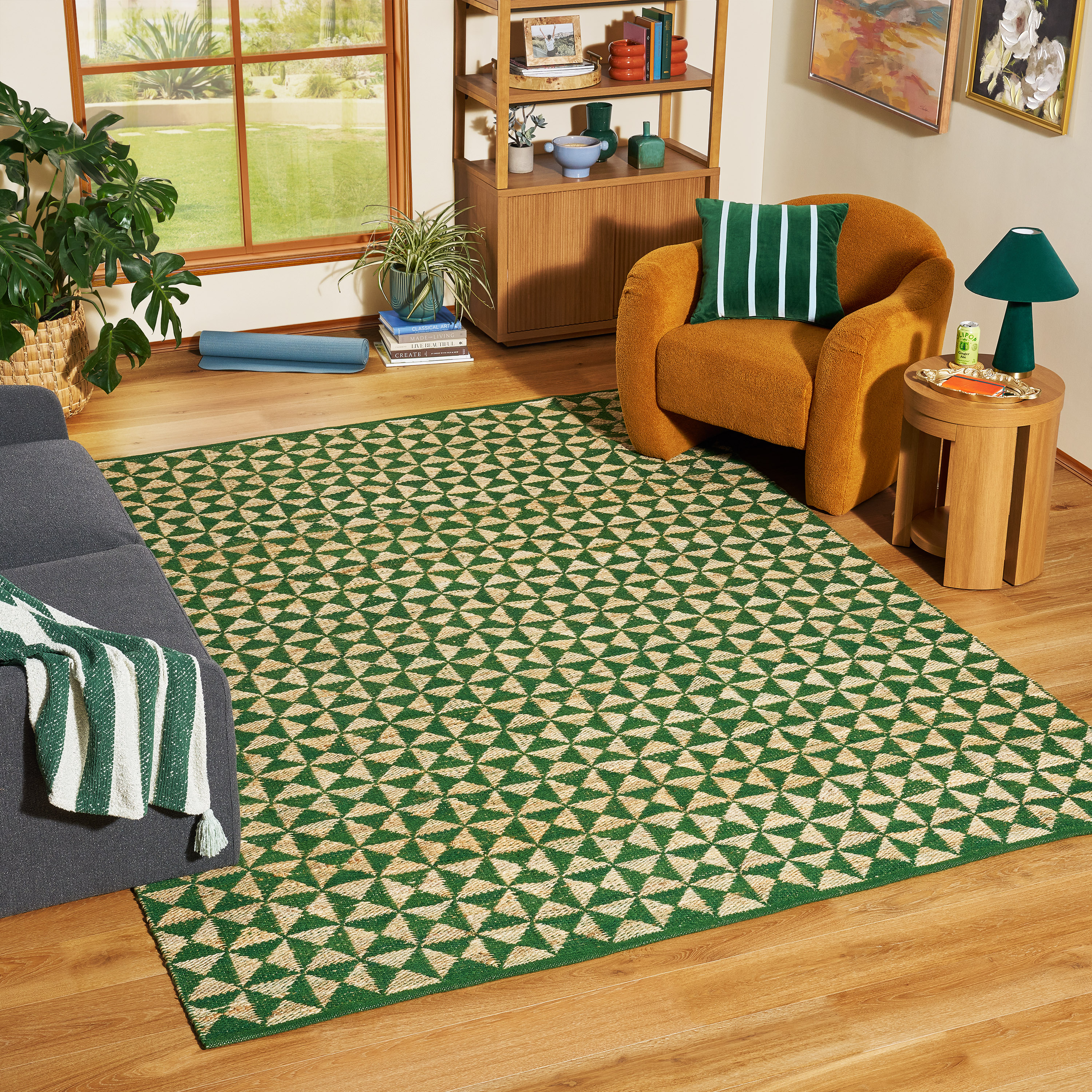 living room with green jute geometric rug