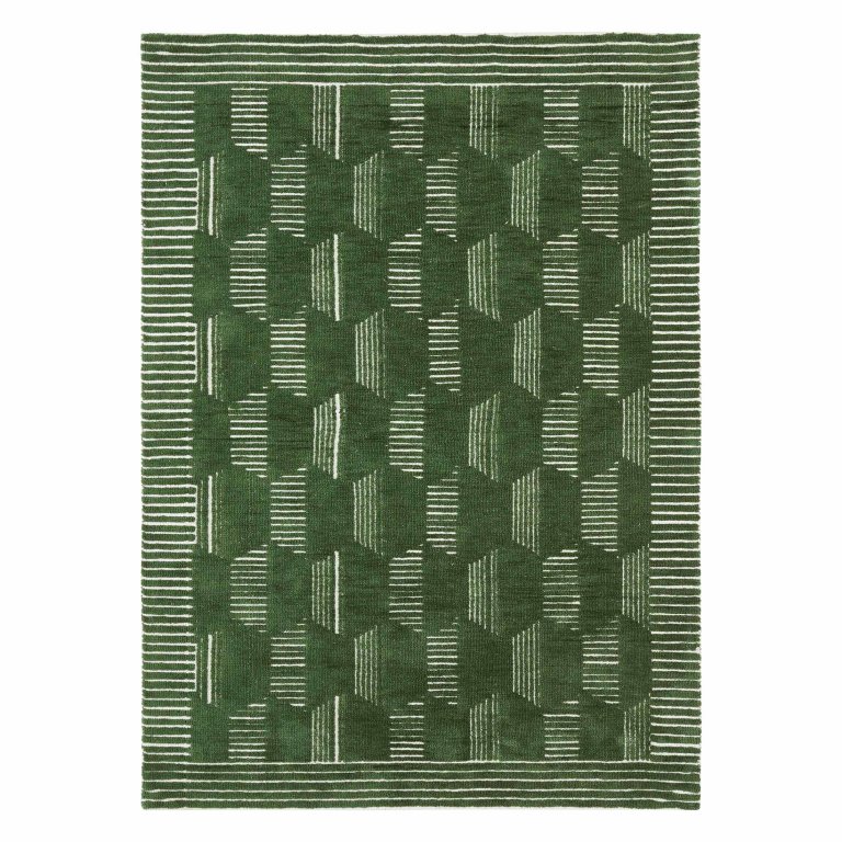  tufted green wool rug wit hexagons and stripes