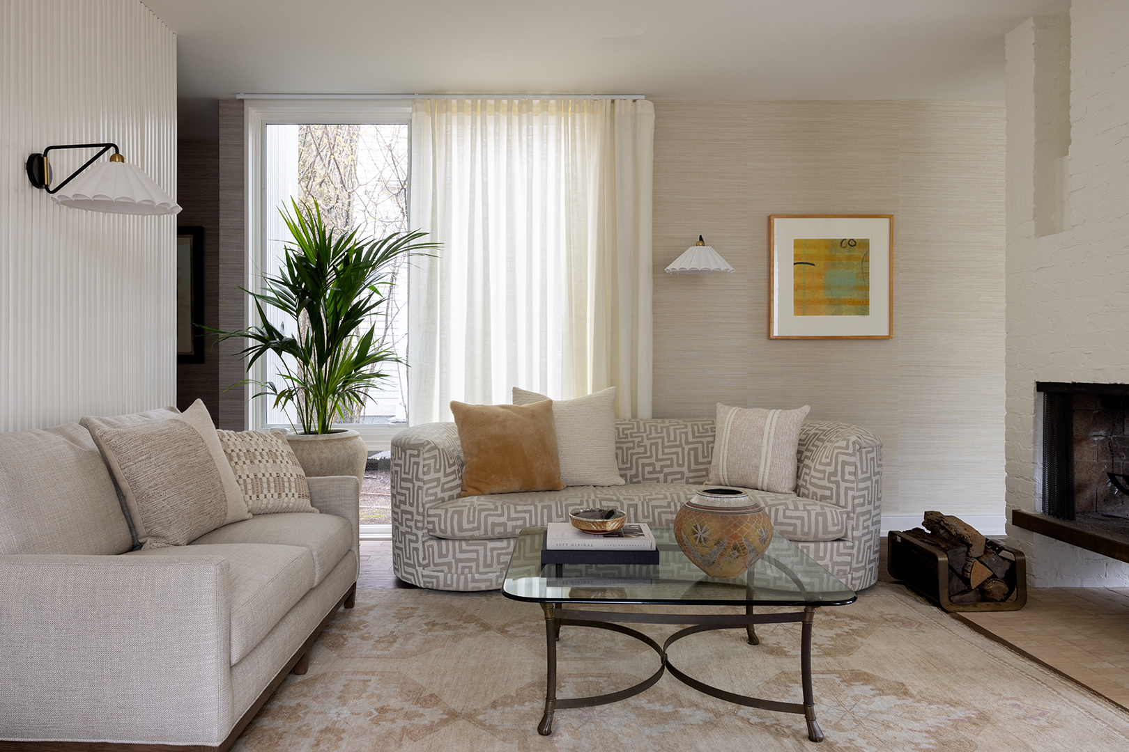 living room with white curtains