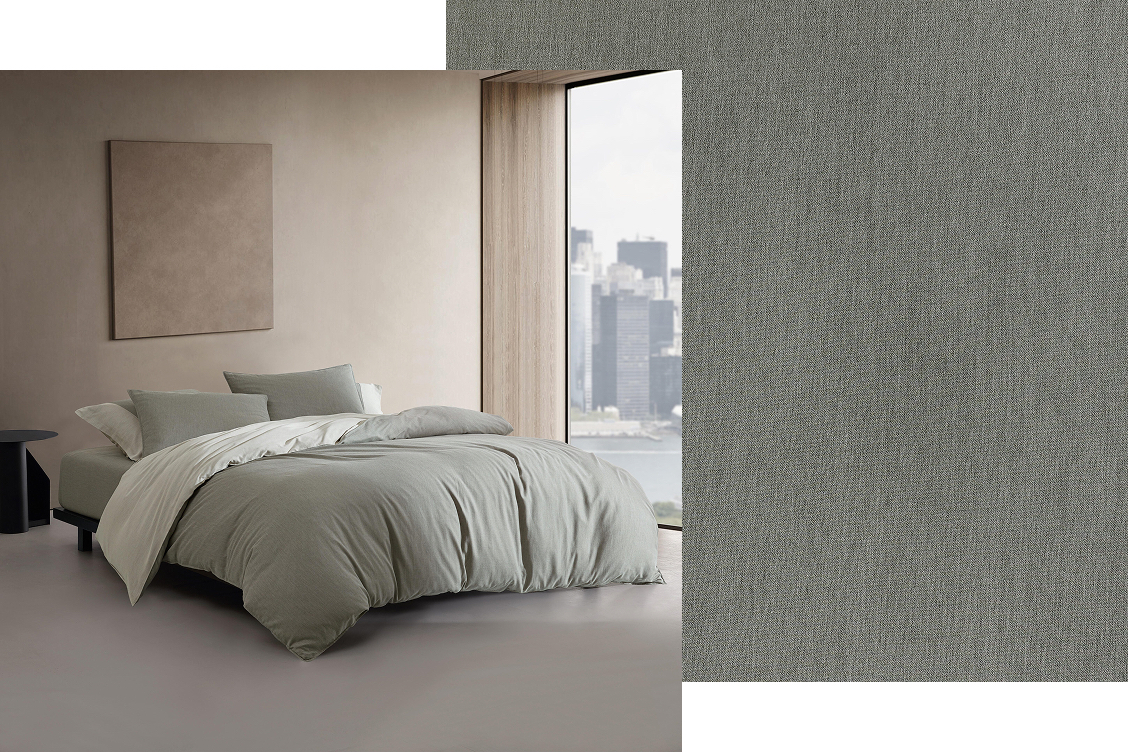 Bed near window made with sage colored sheets and sheet fabric swatch layered behind image.