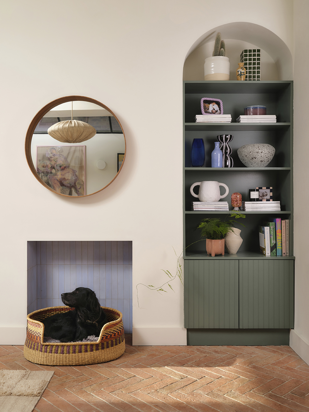 green arched built-in bookcase