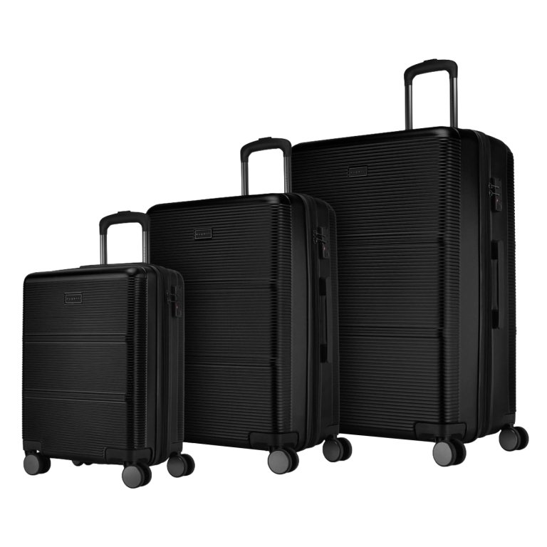  3 black suitcases of varying sizes