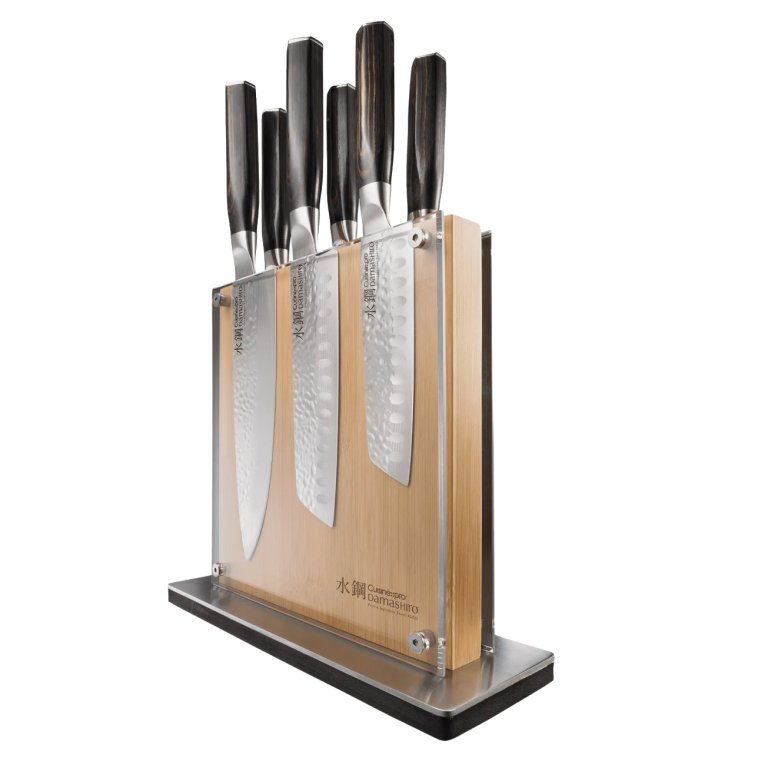  chef's knives in a vertical knife block