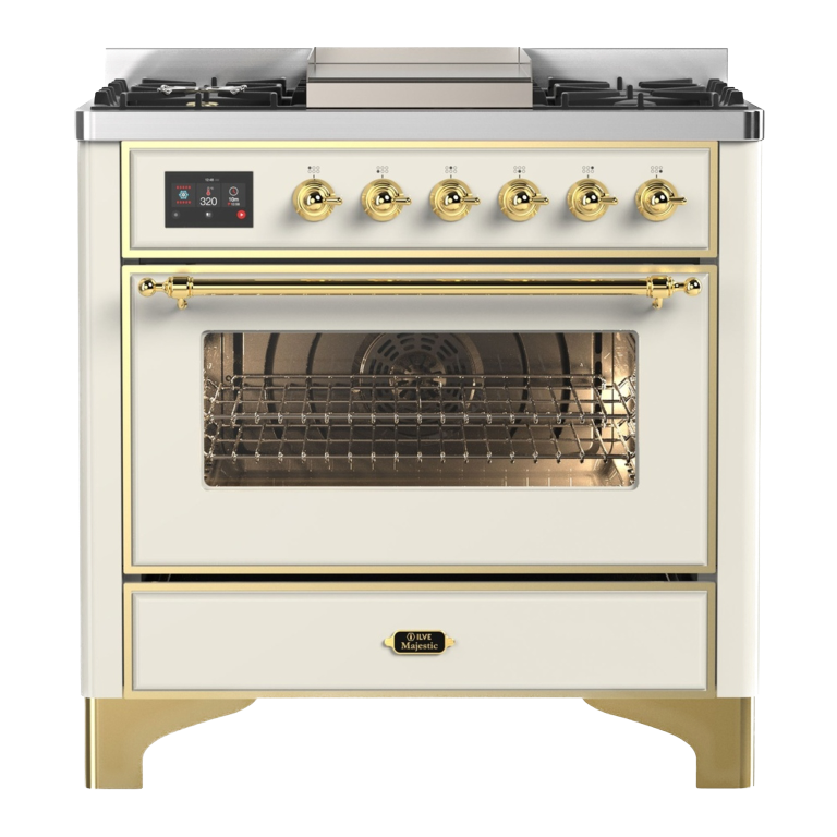  Product silo of cream stove with gold accents.