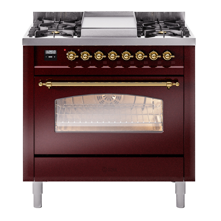  Product silo of burgundy-hued stove.