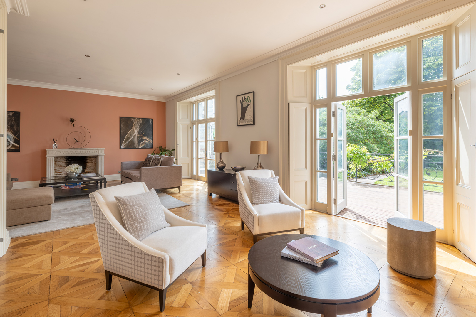 living room with parquet floors