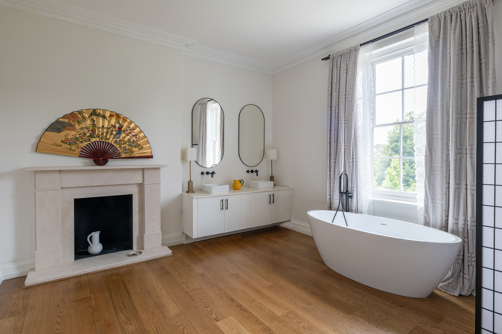 modern bathroom with fireplace