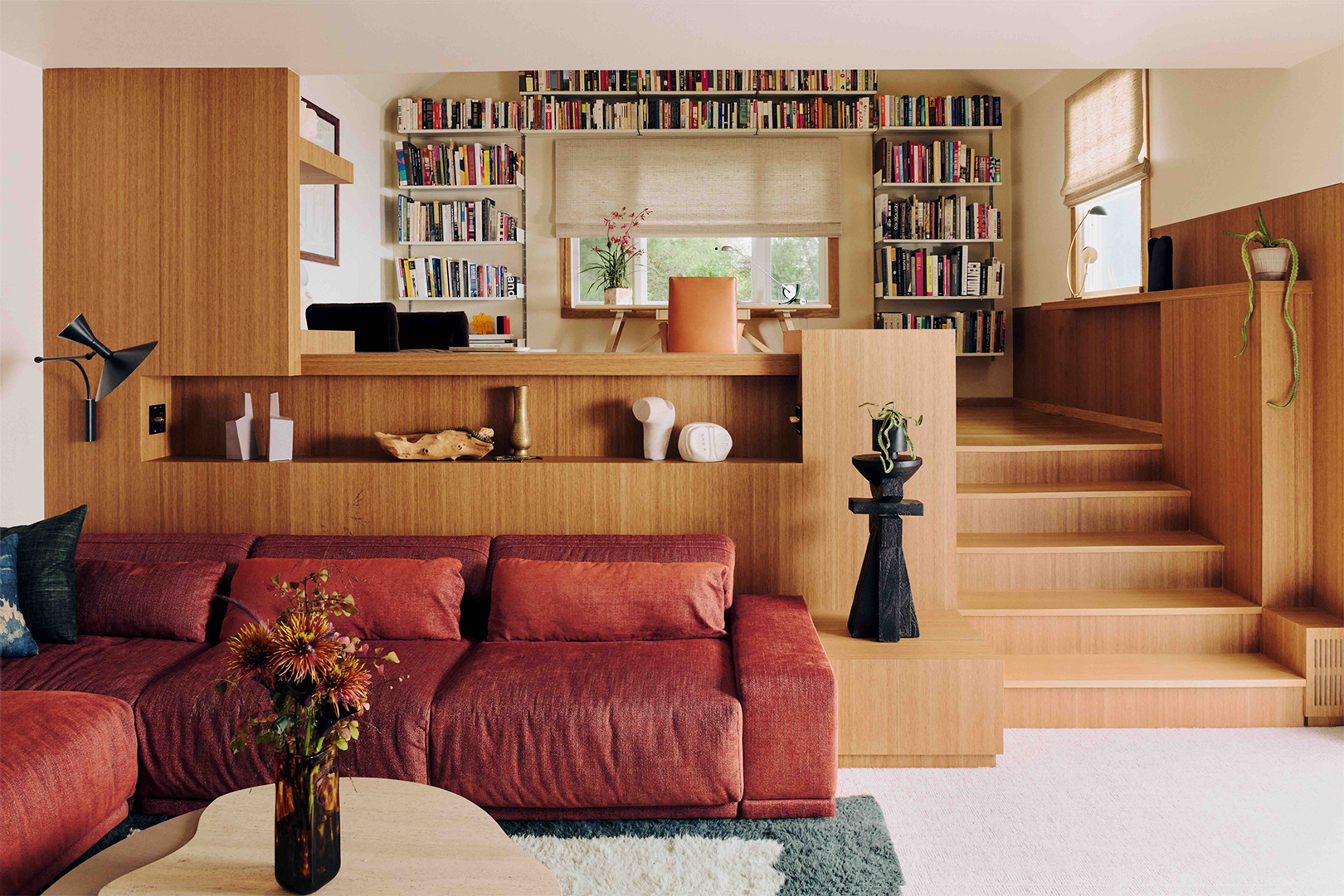 red sofa below partition