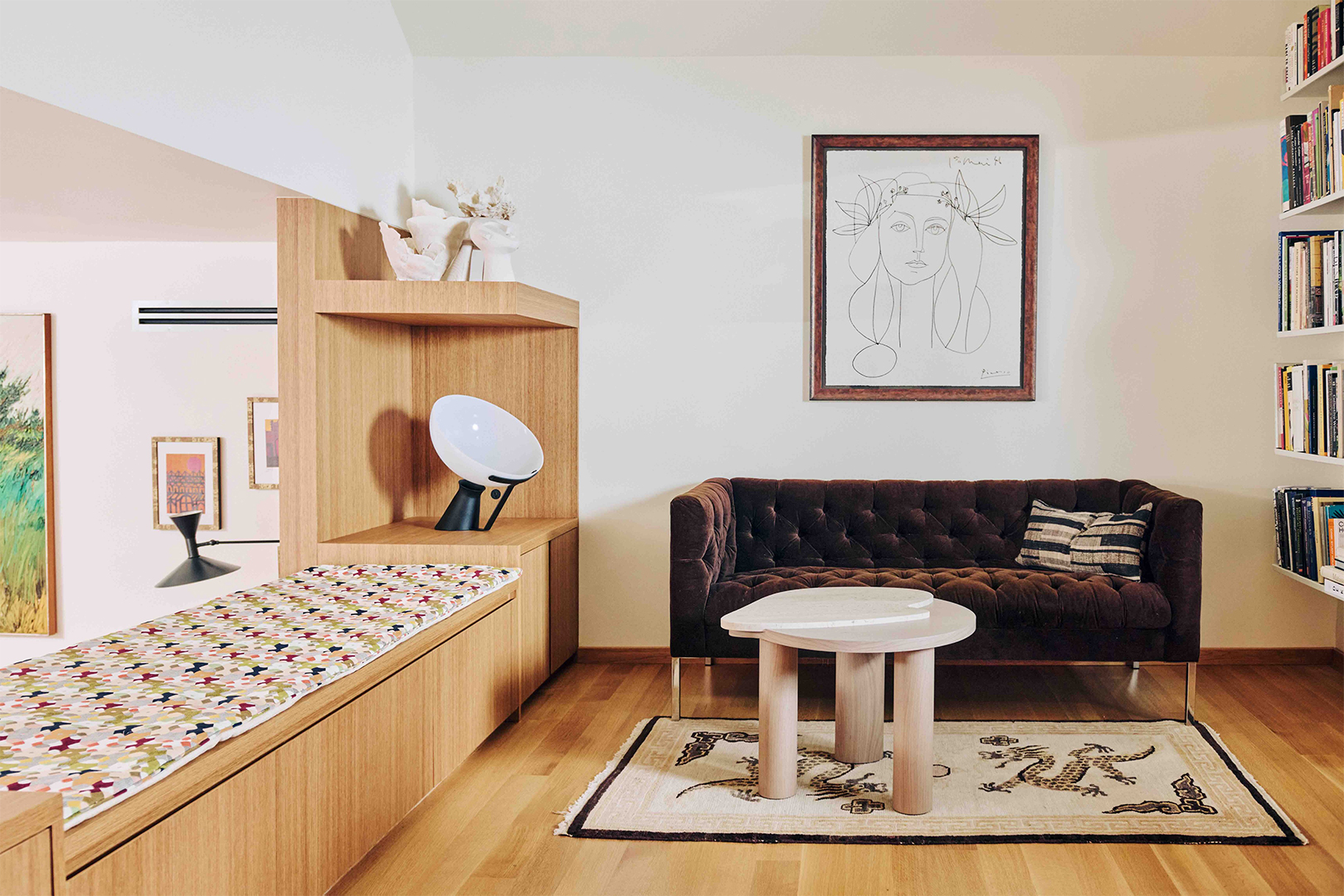 cushioned bench in office