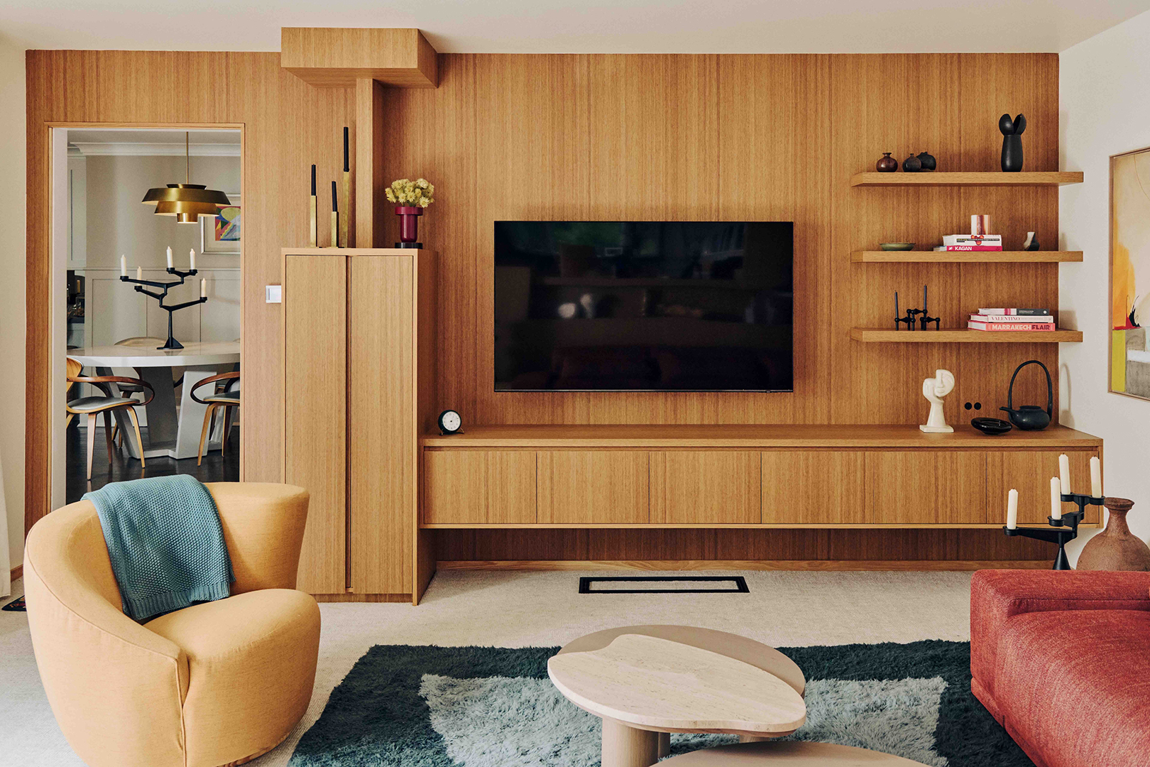 oak paneled TV wall
