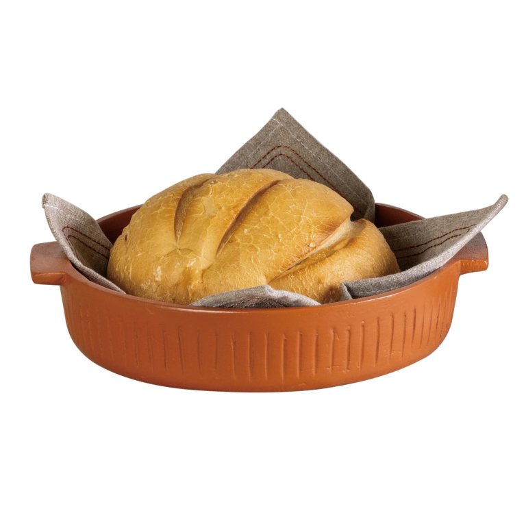  terracotta baking dish with loaf of bread inside