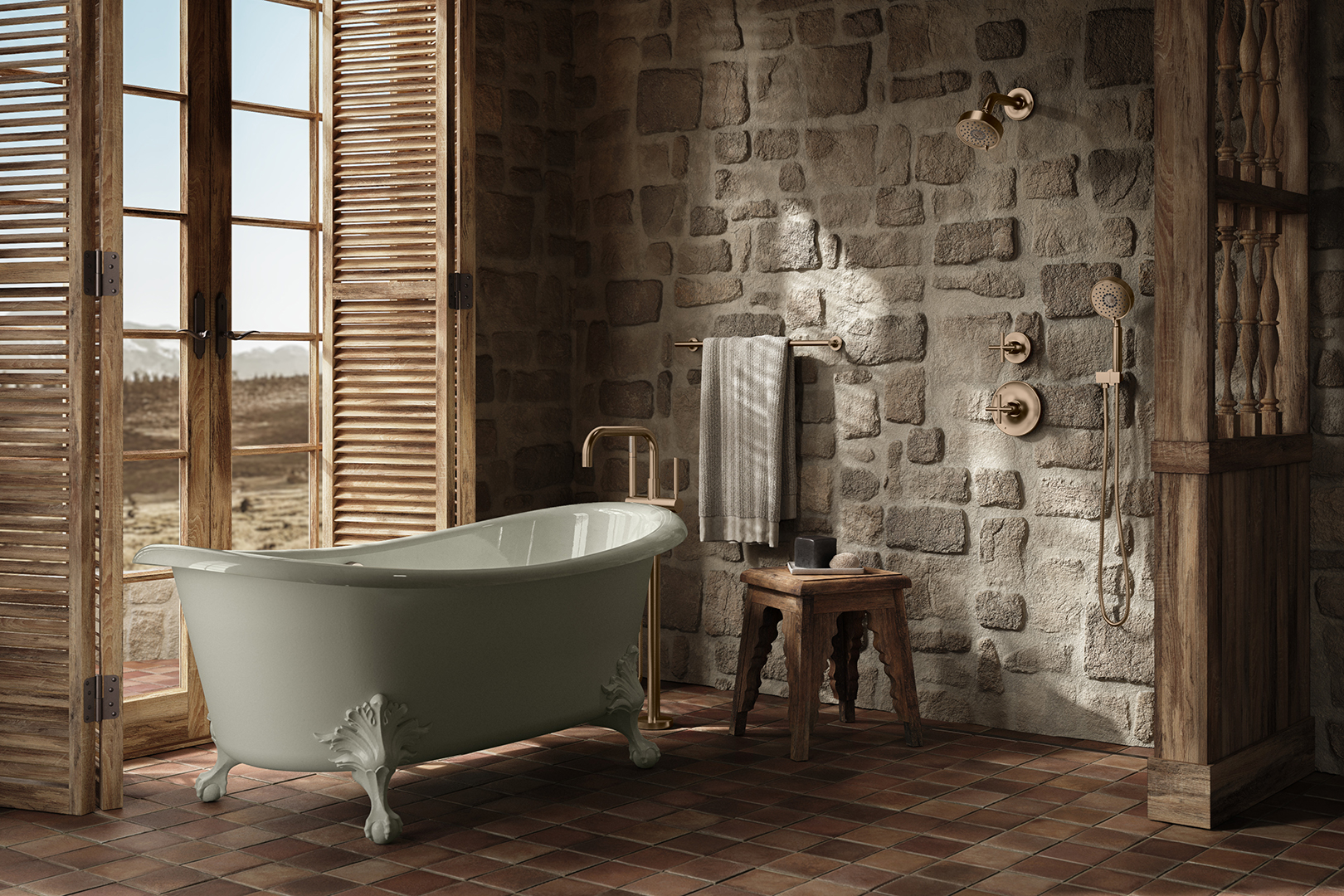 bathroom with stone wall