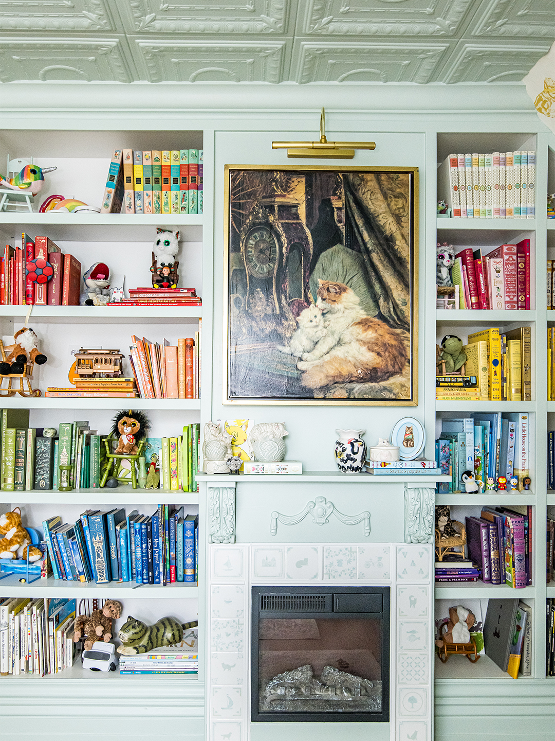 mint-green library with tin ceiling