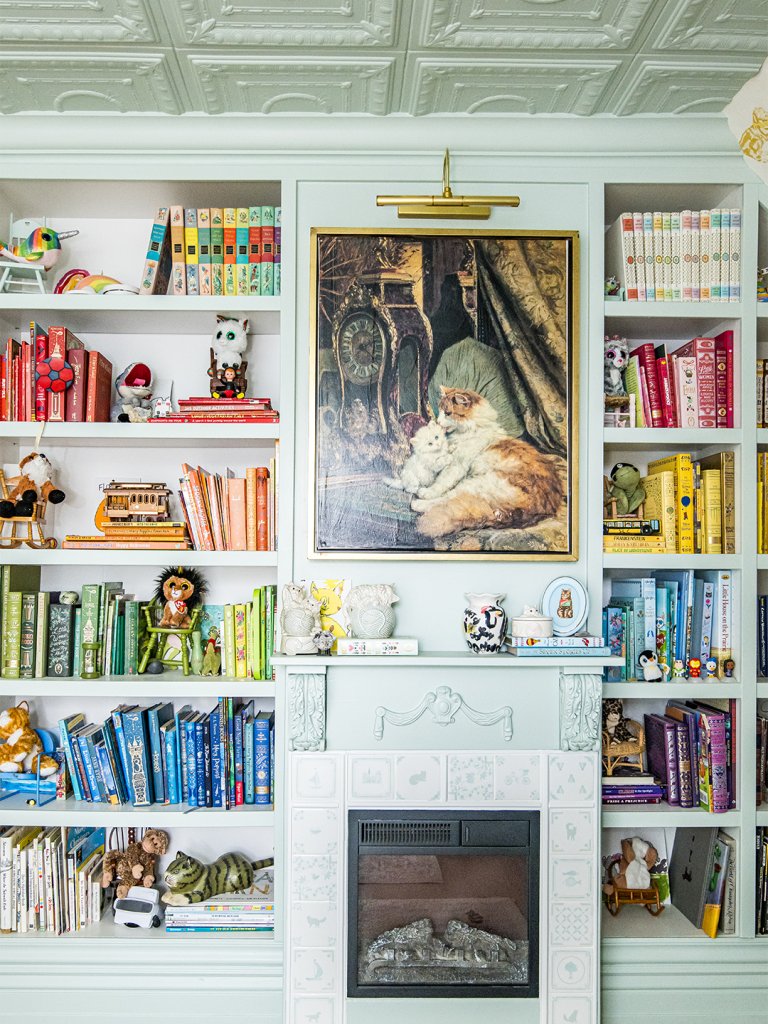 mint-green library with tin ceiling