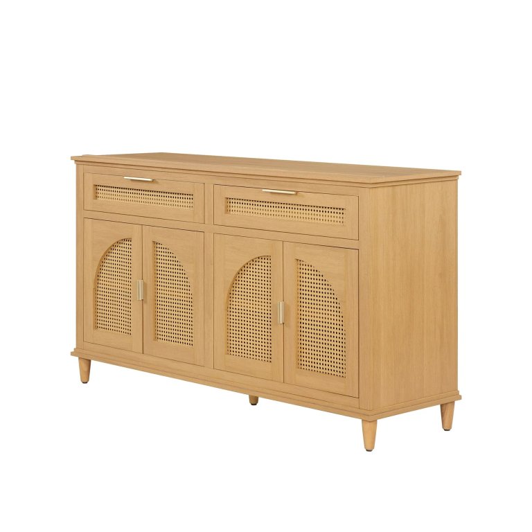  light wood media console with rattan door fronts